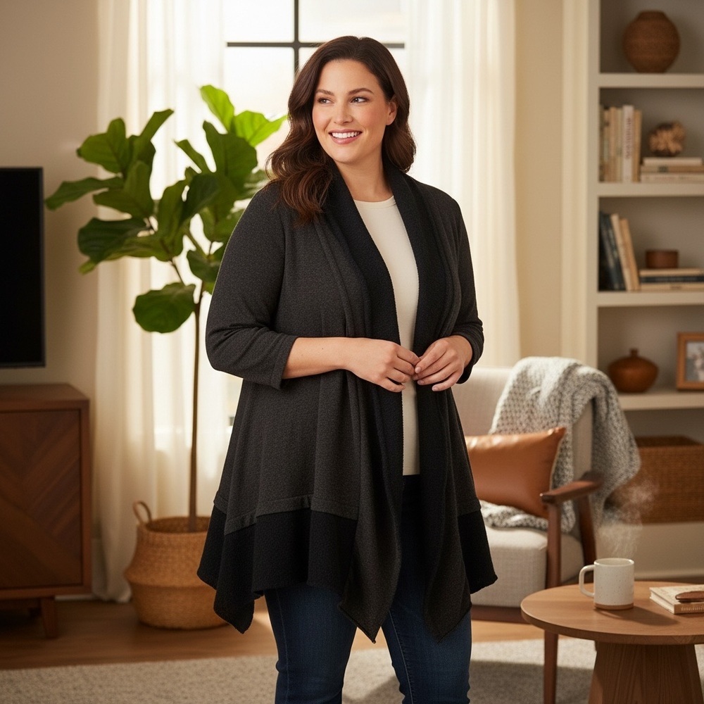 CYNTHIA ROWLEY 2X Gray Black Layered Ruffle Cardigan Sweater R $325 - Picture 5 of 16